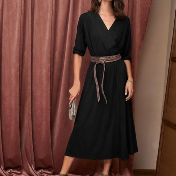 Garnet Hill Dresses & Skirts - Garnet Hill Batwing Faux Wrap Knit Midi Dress Black Sz M Medium
